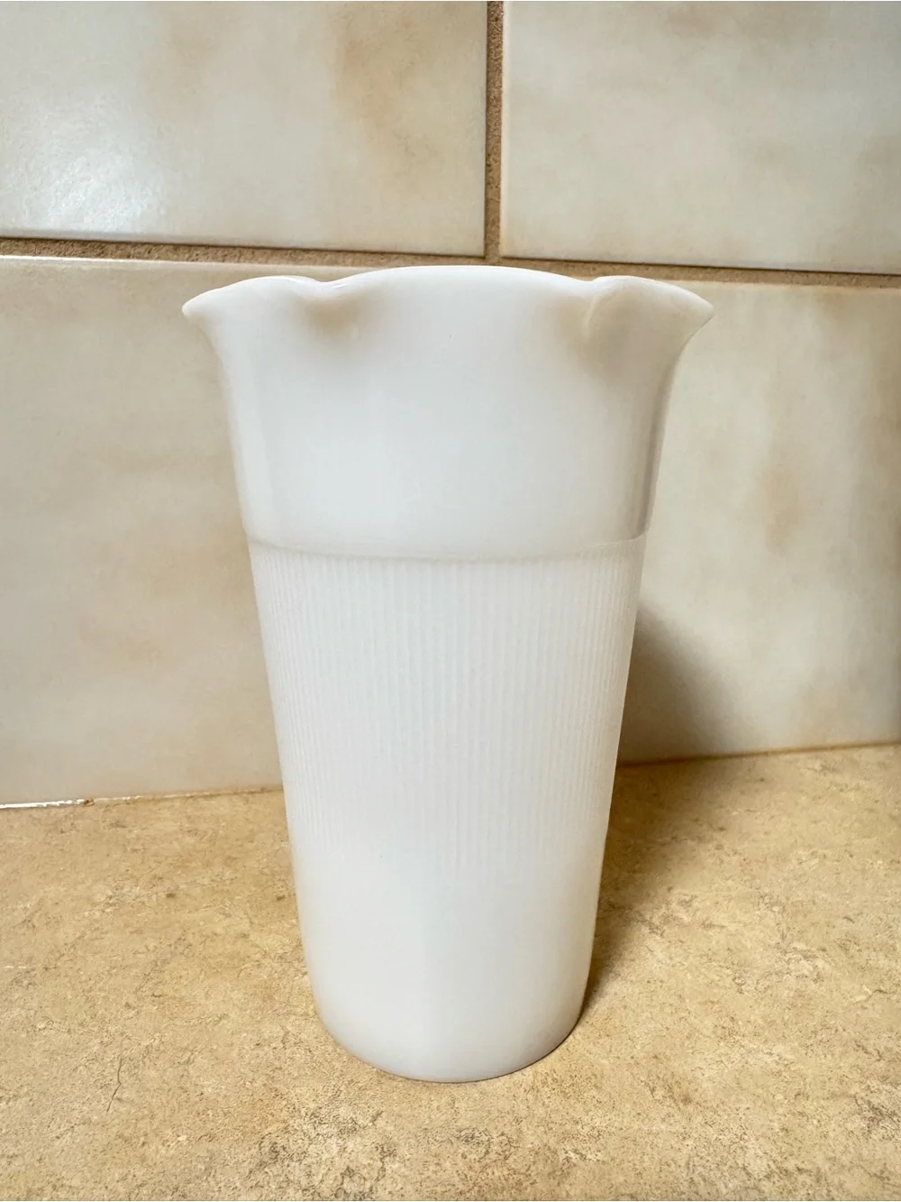 White Milk Glass Scalloped Vase | Ribbed Pedestal Bud Vase